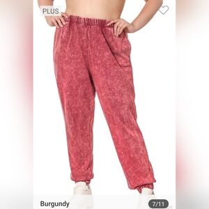 Zenana Plus Acid Wash Jogger Pants with Pockets - Burgundy - 1X-3X